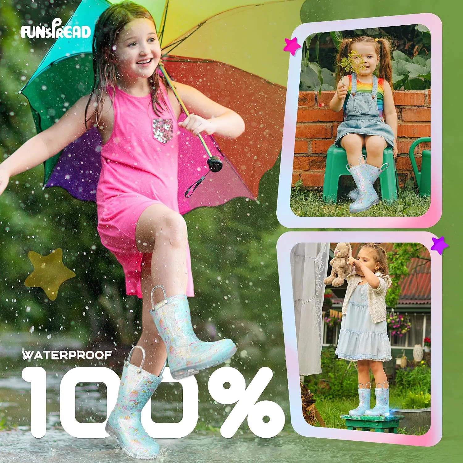 Детские сапоги дождевые для девочек с подсветкой Funspread, Glitter Blue — фото 3