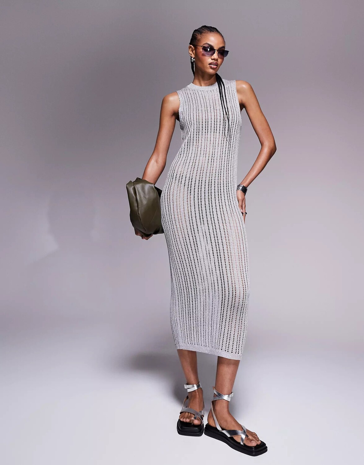 

Платье Asos Design Knitted Column Midaxi In Metallic Yarn, серебристый