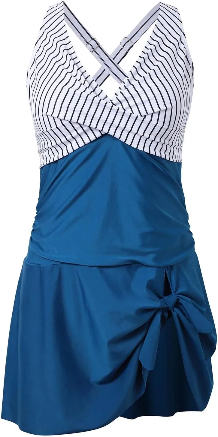 Женский купальник слитный с запахом и юбкой Plus Size, Blue — фото 4