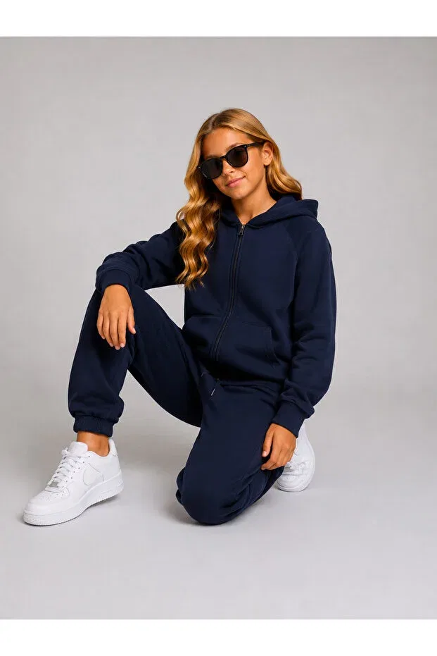 Детский спортивный костюм для девочек из футера с капюшоном Giyicem Tekstil, Navy Blue — фото 3