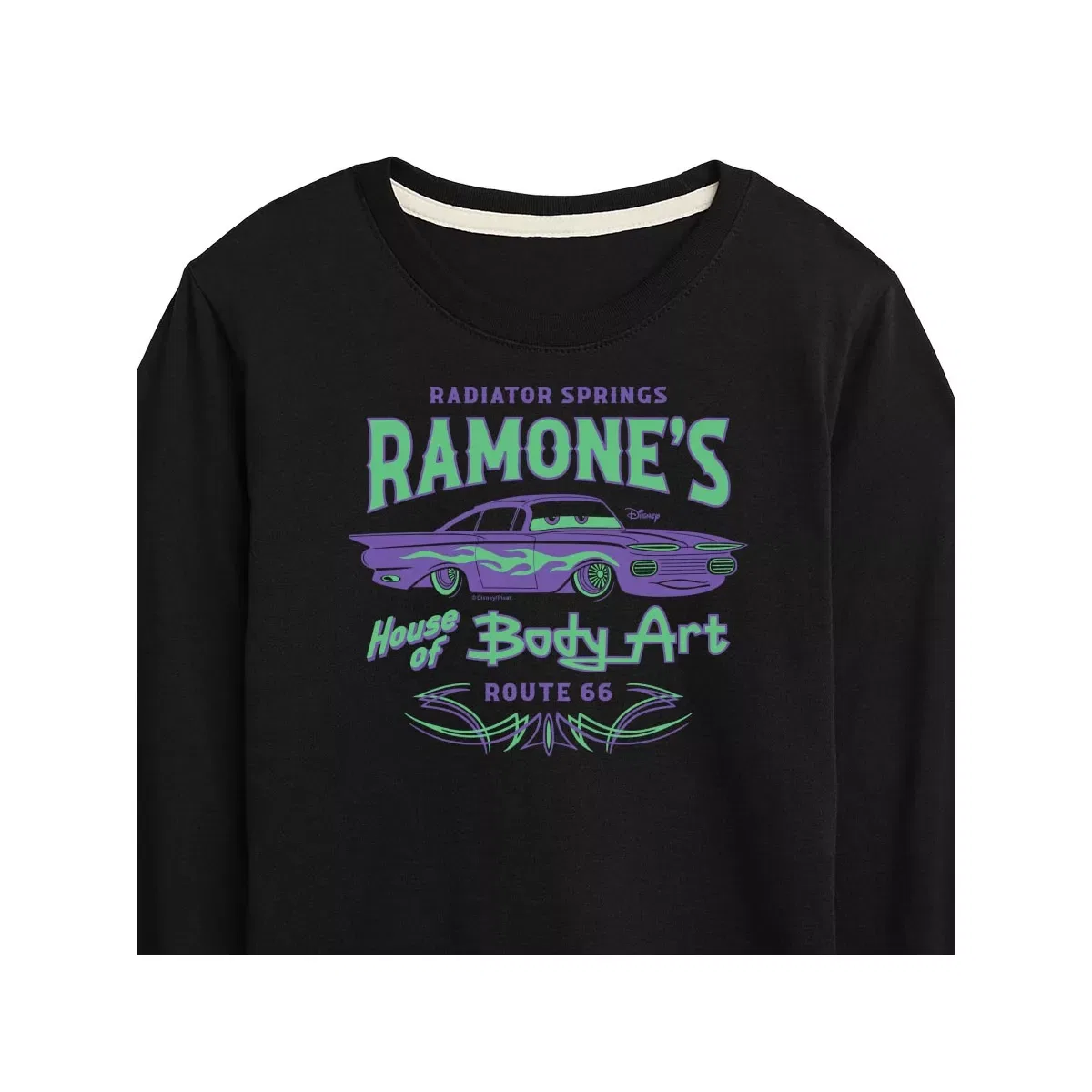 Детское футболка с длинным рукавом с принтом Radiator Springs Ramone's House of Body Art Rt 66 Disney, Black — фото 2
