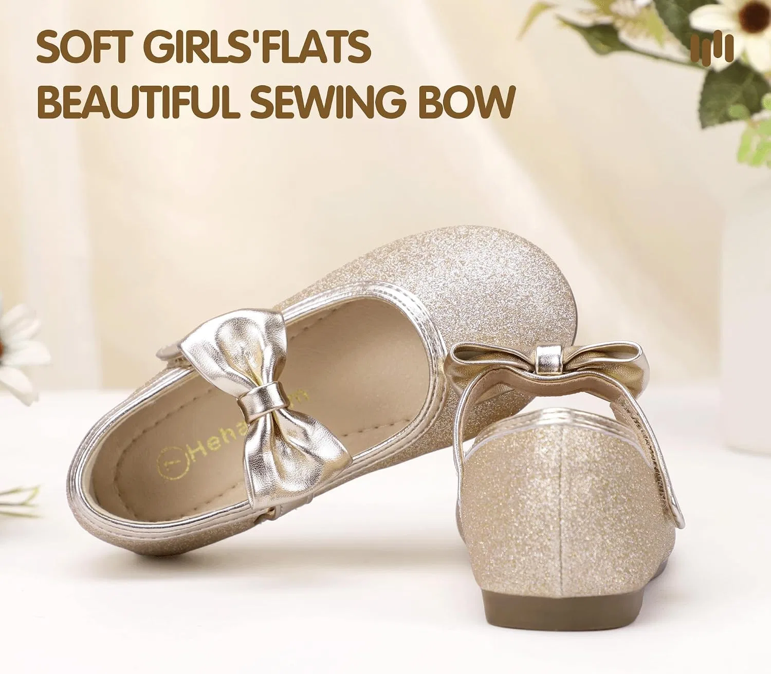Детские балетки для девочек с бантом Hehainom, Gold Glitter — фото 4