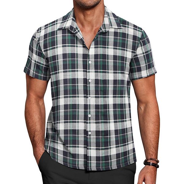 

Мужская рубашка с коротким рукавом в клетку, casual, 75% хлопок Coofandy, Dark Green White