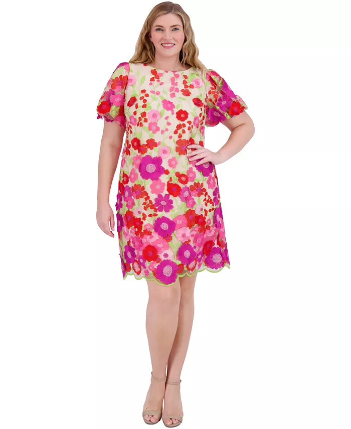 

Платье с объемной вышивкой цветов и пышными рукавами Plus Size Eliza J, розовый
