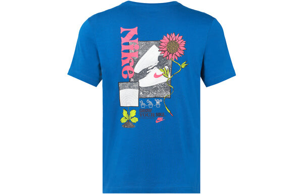Футболка Men's Nike Logo Plant Flowers Pattern Printing Round Neck Casual Short Sleeve Sky Blue T-Shirt, мультиколор — фото 2