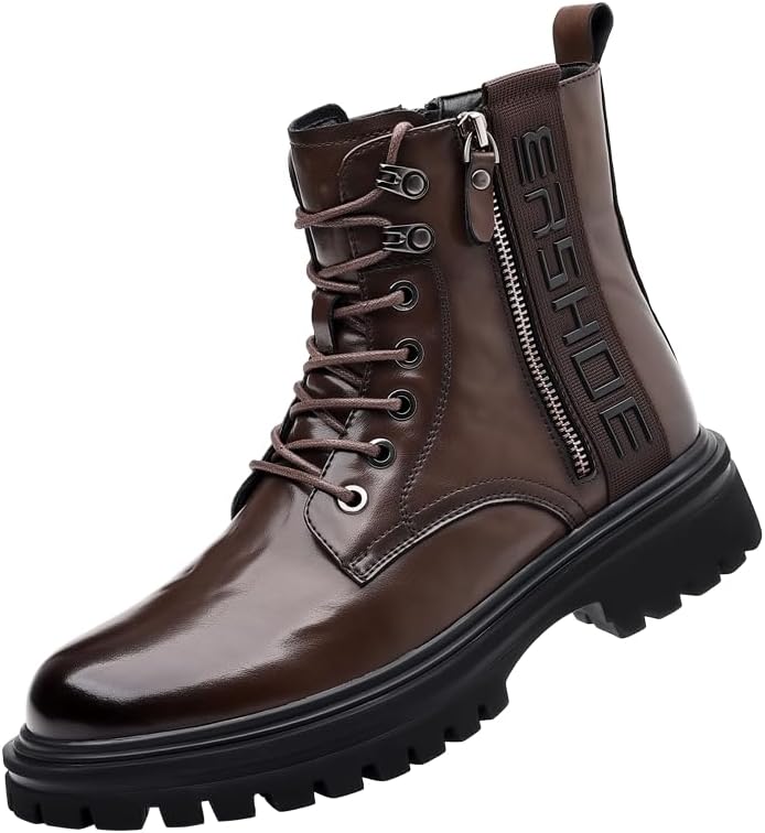 

Мужские Ботинки Oxford из Натуральной Кожи с Круглым Носком, Шнуровкой, Для Делового и Повседневного Ношения, с Боковой Молнией, Толстой Подошвой и Высоким Берцем Lhyxu, коричневый