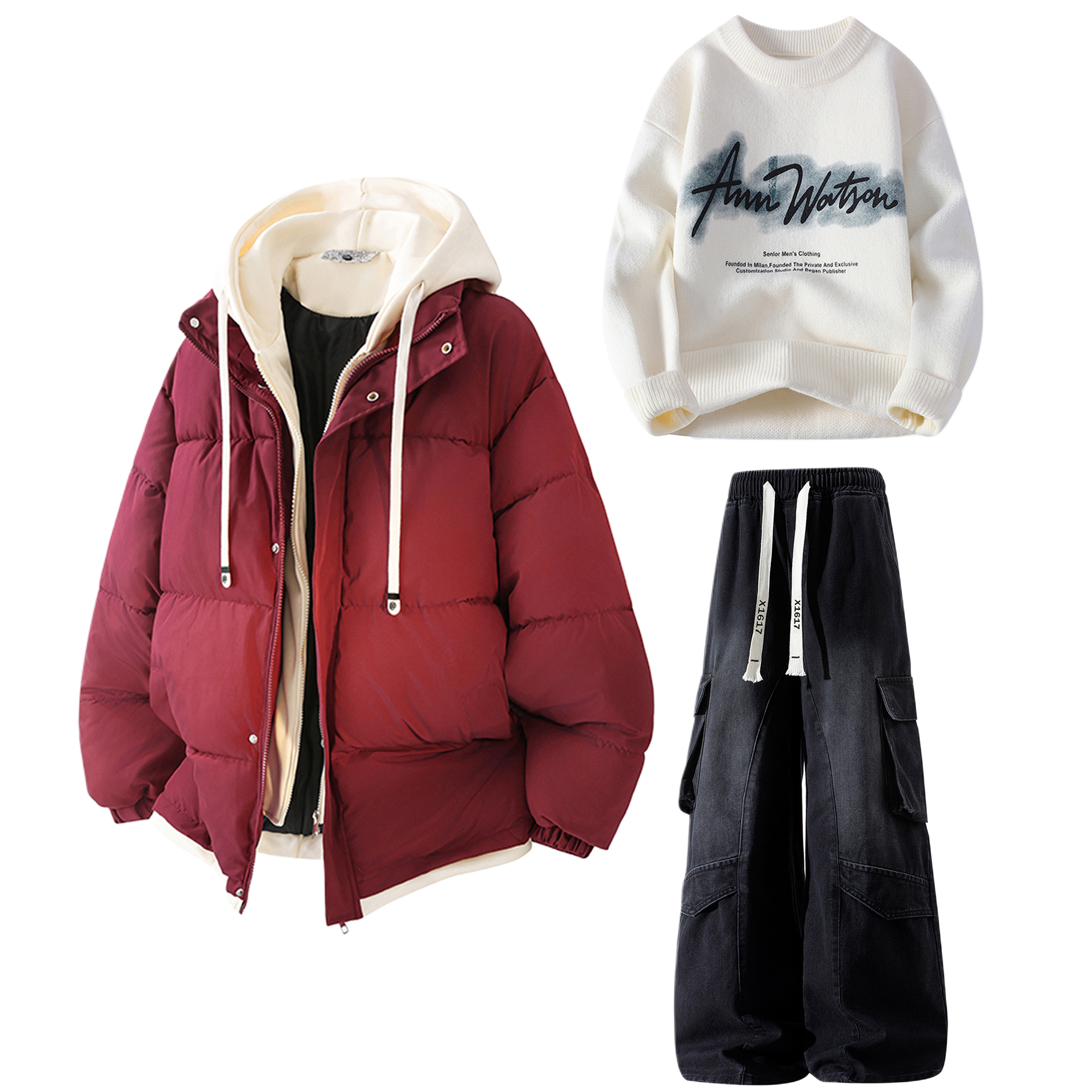 

Толстовка Casual Sportswear утепленная с капюшоном унисекс X1617, burgundy top+бежевый knitwear+черный pants