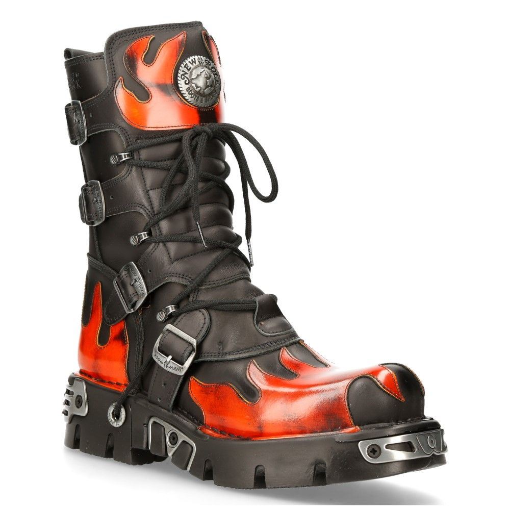 Новые ботинки New Rock Flame Accented Black/Red Leather Boots- 591-S1
