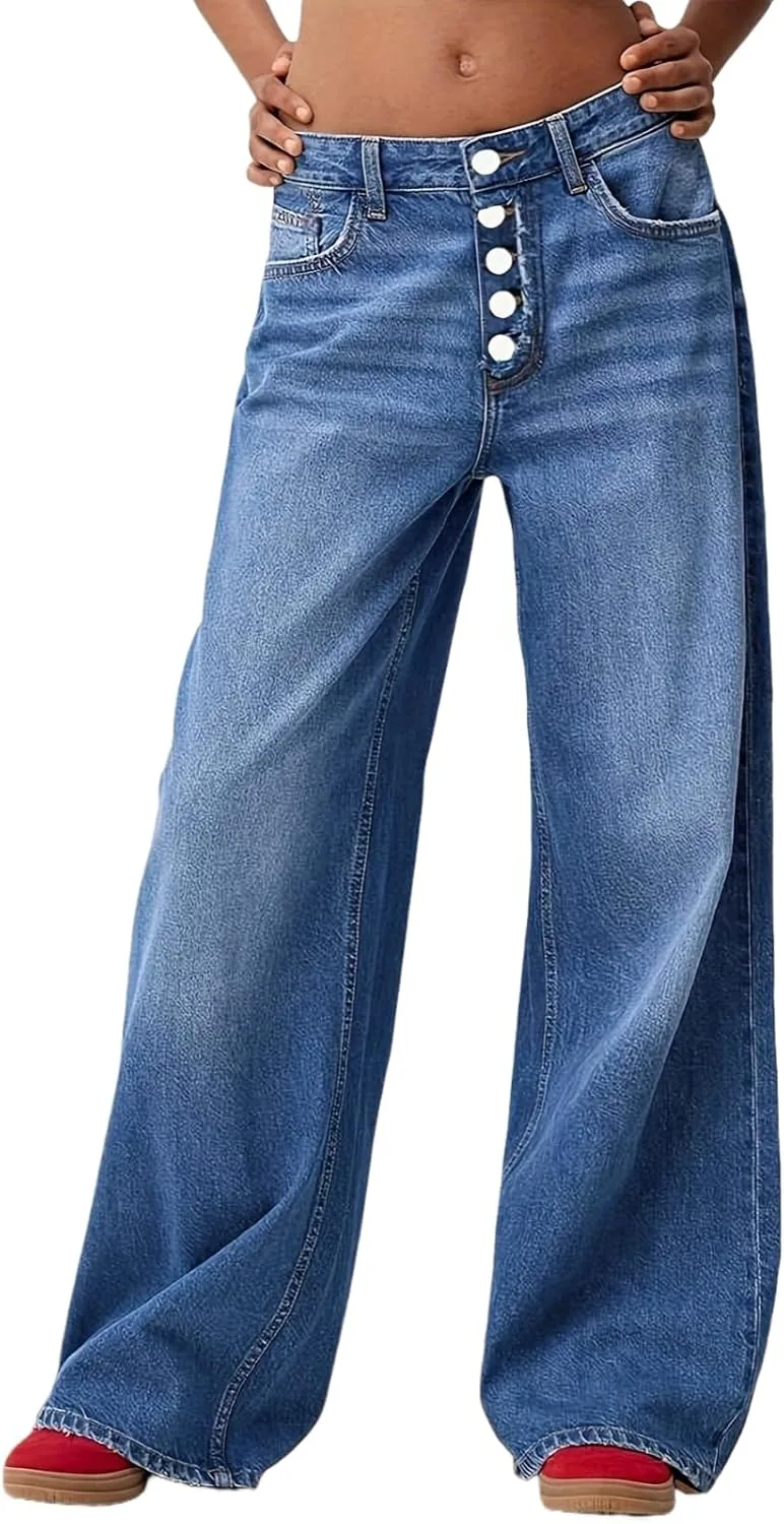 

Женские джинсы-клёш High-Waist Stretch Denim Wide-Leg, синие, Plus-Size, с застежкой на пуговицах