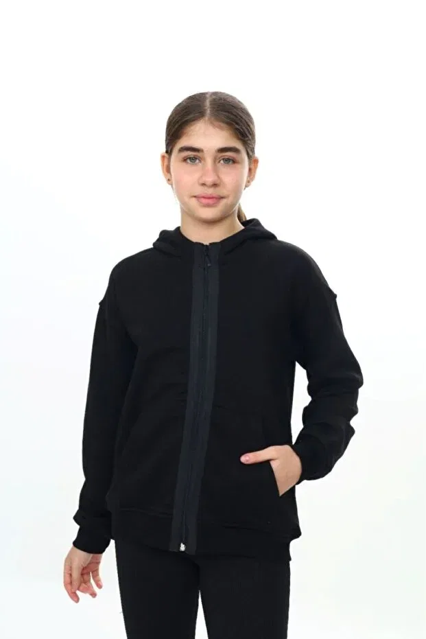 Детский кардиган для девочек с капюшоном Black Girl's Hooded Stripe Zipper Detailed Pocket Low Shoulder Knitted Cardigan Toontoy, Black