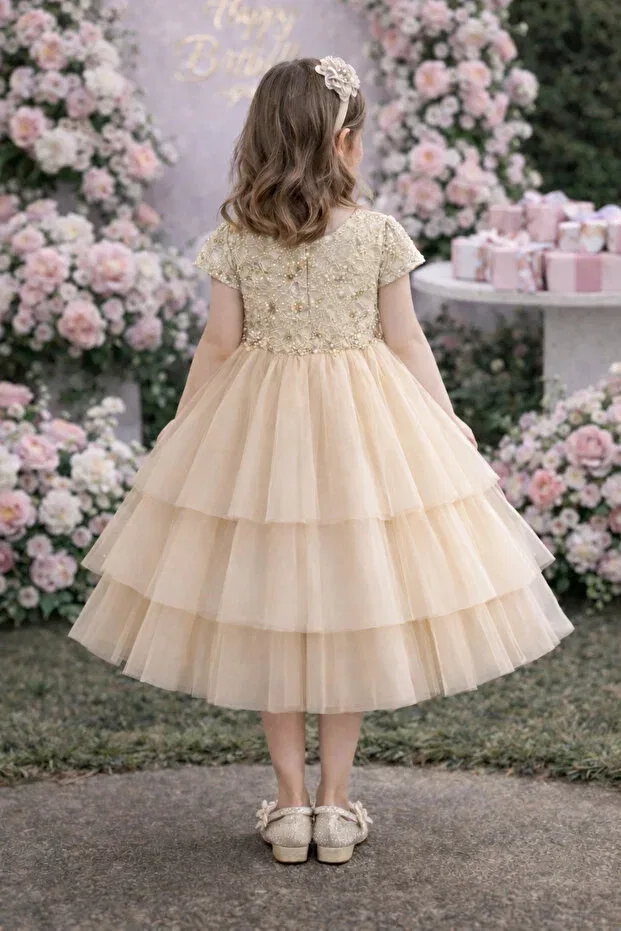 Детское платье из фатина с вышивкой Süslü Pink Kids, Beige — фото 2