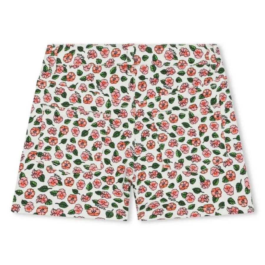 Шорты хлопковые с цветочным принтом Girls Floral Cotton Shorts Kenzo, Ivory — фото 2