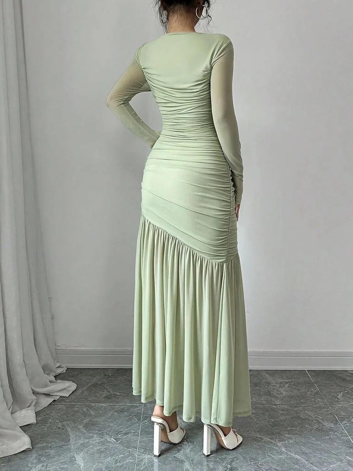Женское элегантное длинное платье миди с воротником-стойкой, Mint Green — фото 2