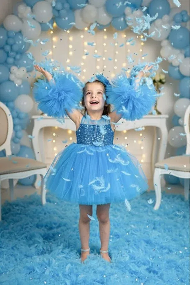 Детское платье для девочек с длинным рукавом Sleeve detailed pompom blue buckle powder color children's evening dress aby458 Abiyekids, Blue — фото 3
