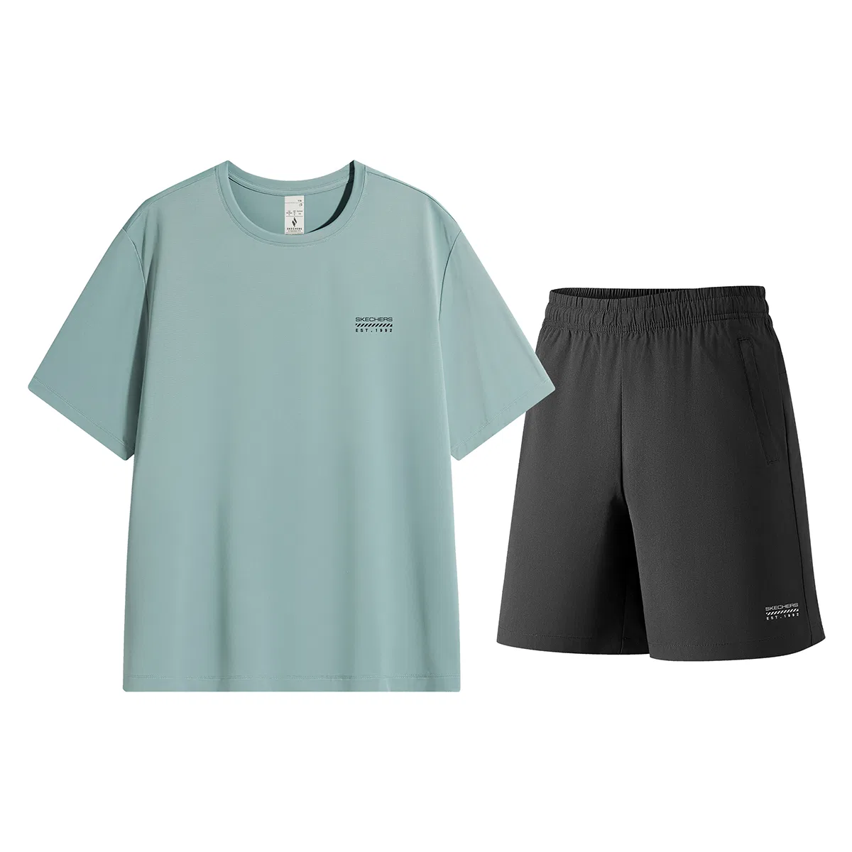 Детский комплект спортивной одежды с круглым вырезом Skechers, Brown Green Top, Carbon Black Shorts