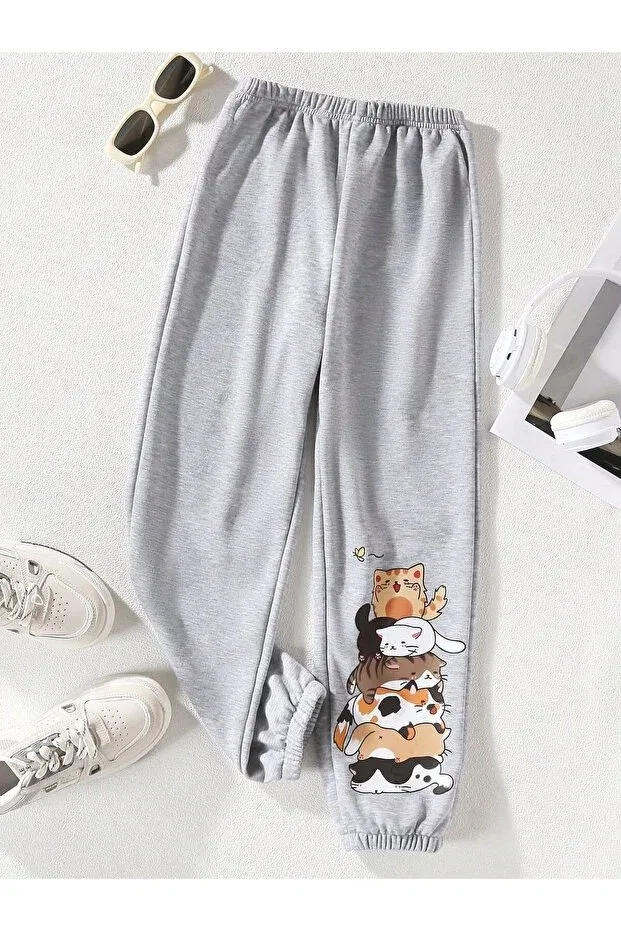Детские спортивные штаны для мальчиков с принтом 7 kedi printed gray tracksuit over the knees Kids, Gray