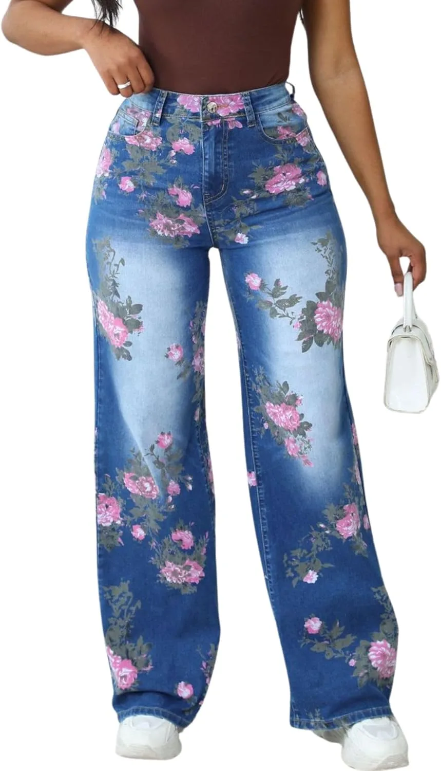 

Женские джинсы Y2K с цветочным принтом, широкие, на пуговицах chouyatou
