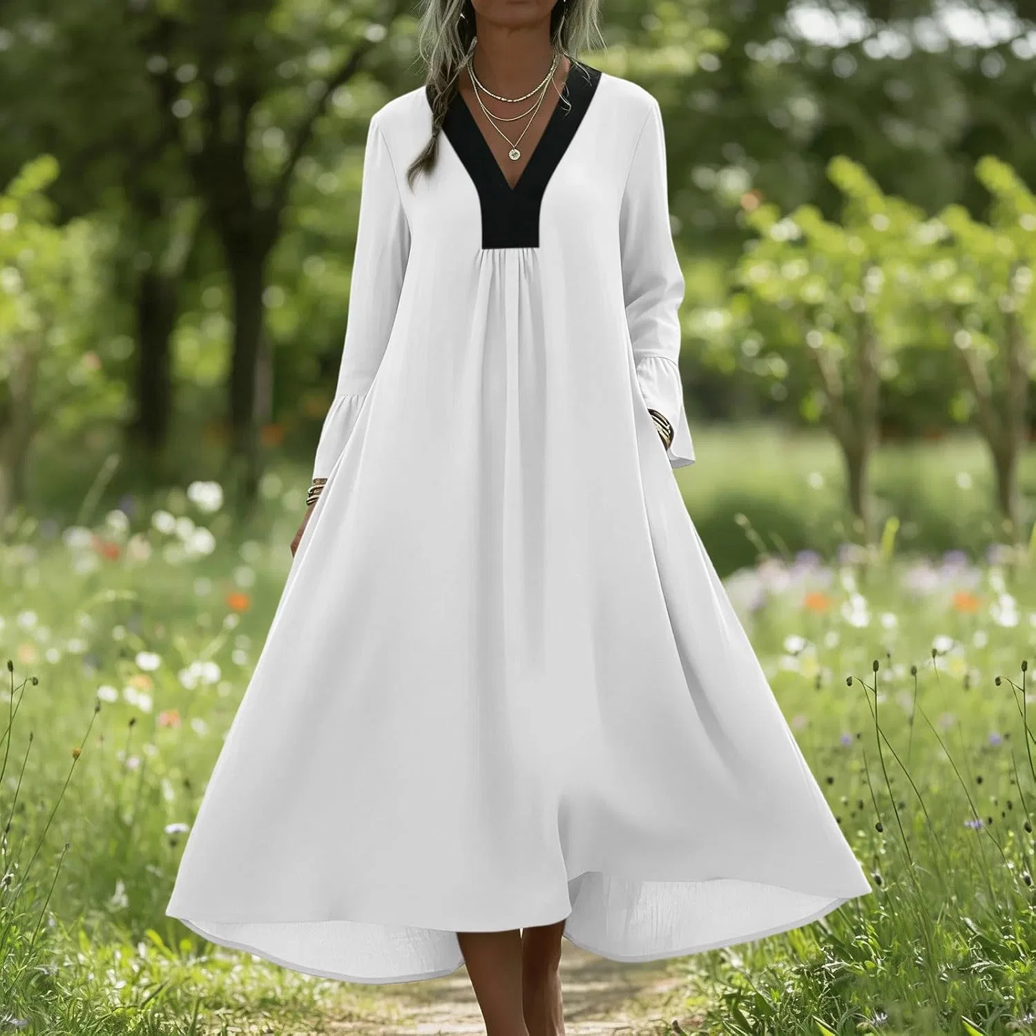 Женское свободное платье миди с V-образным вырезом Cotton Linen, White — фото 3