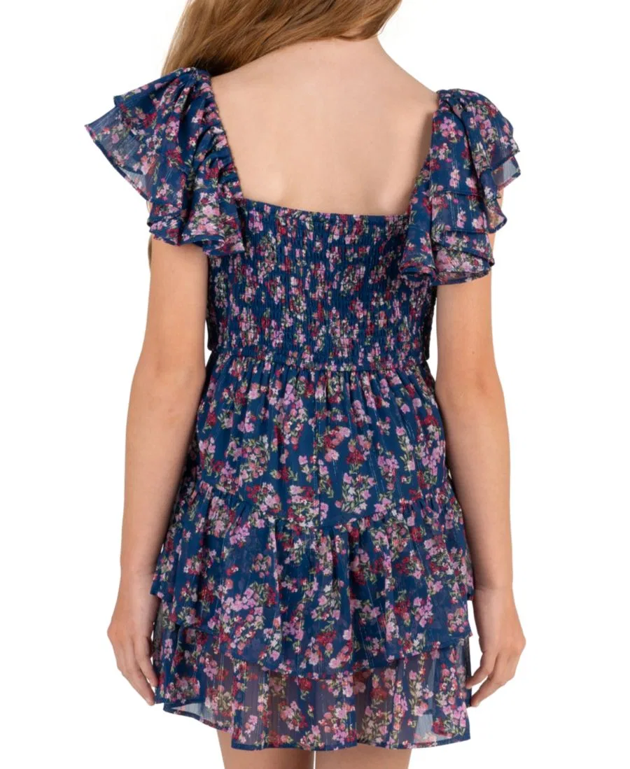 Платье из шифона с люрексом и рюшами Floral Lurex Stripe Chiffon Dress Rare Editions, Navy — фото 3