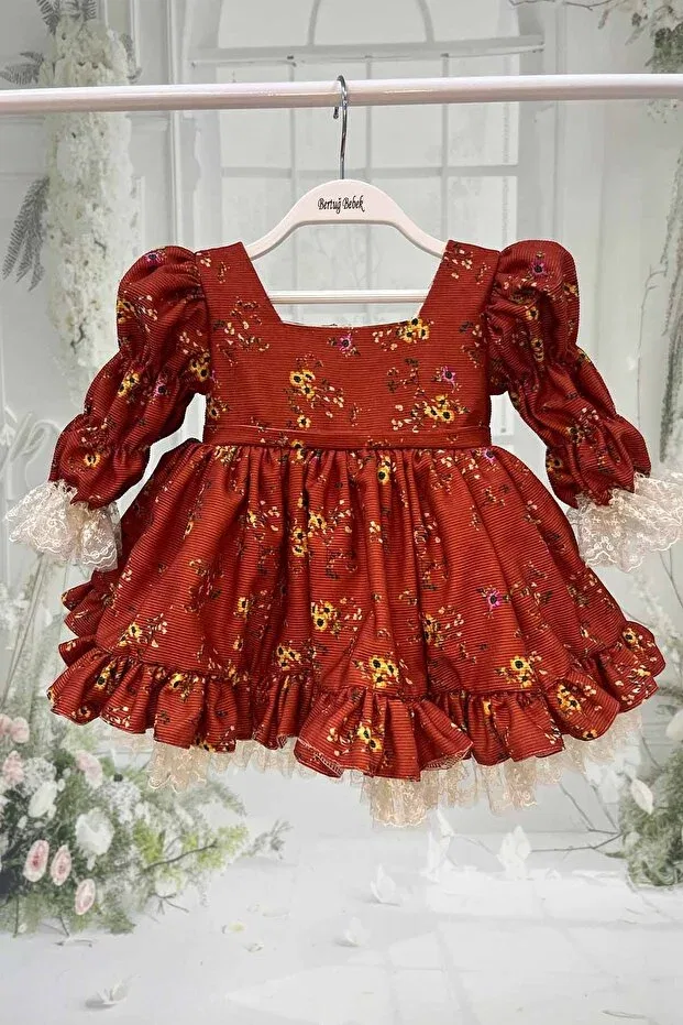 Детское платье для девочек с принтом Floral print lace velvet baby girl's evening designer dress Bertuğ Bebek, Tile