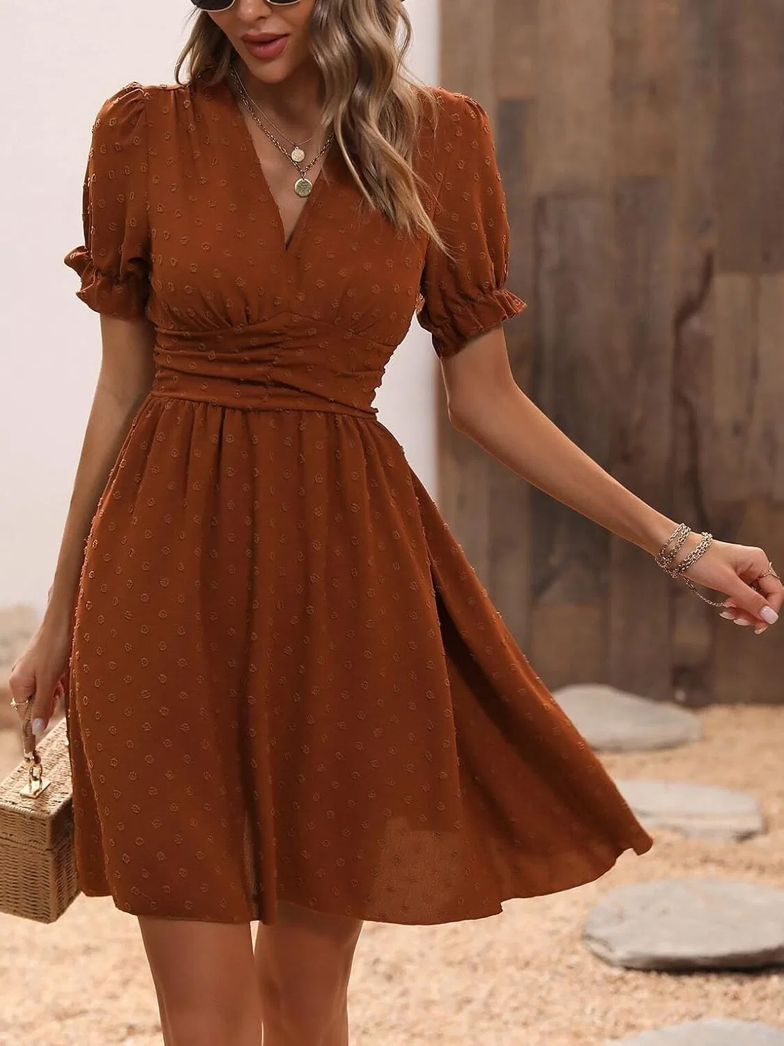 Женское повседневное платье A-силуэта с рюшами и защипами, Burnt Orange — фото 2