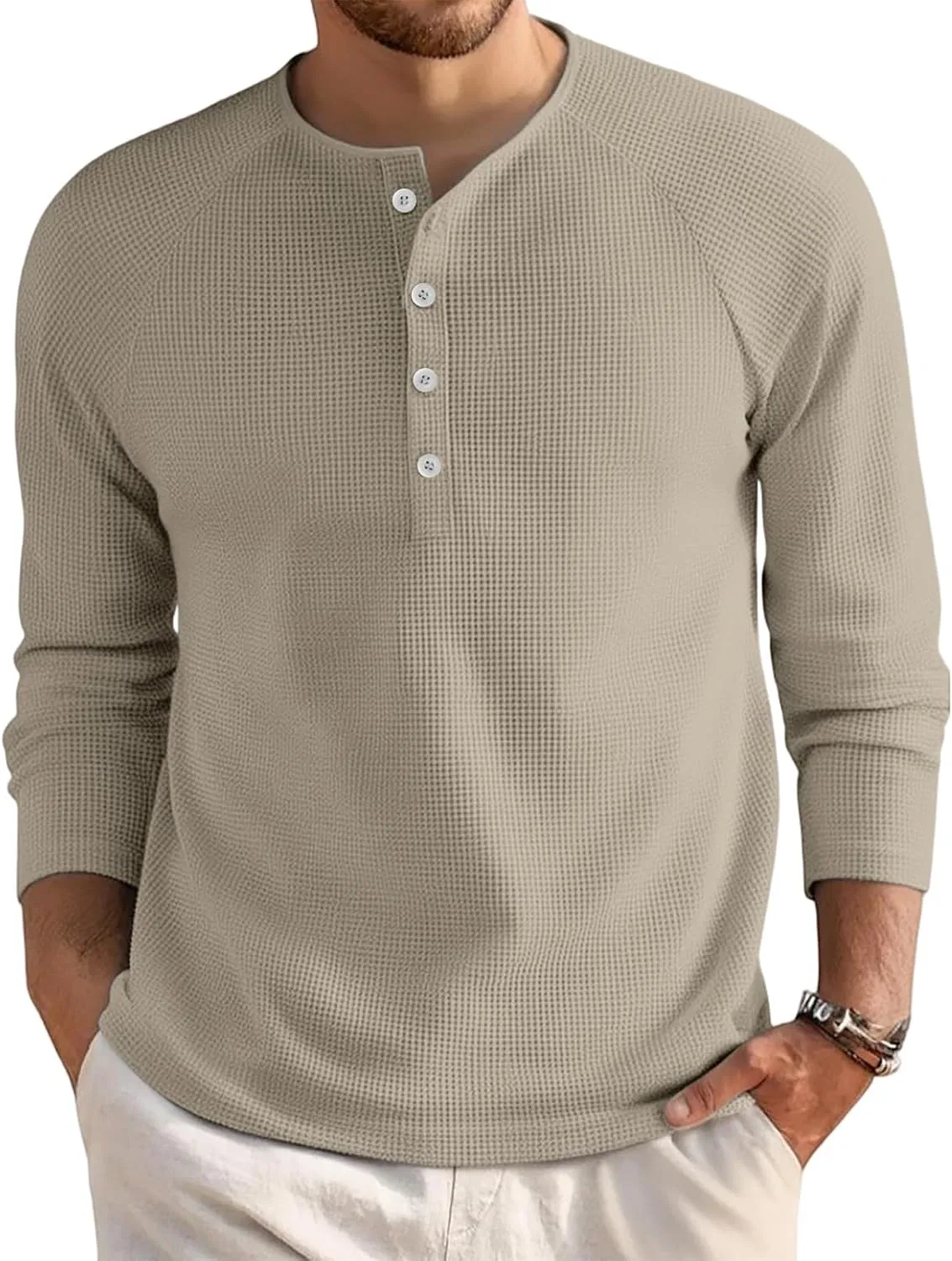 Мужская футболка с длинным рукавом хенли OMING, Khaki
