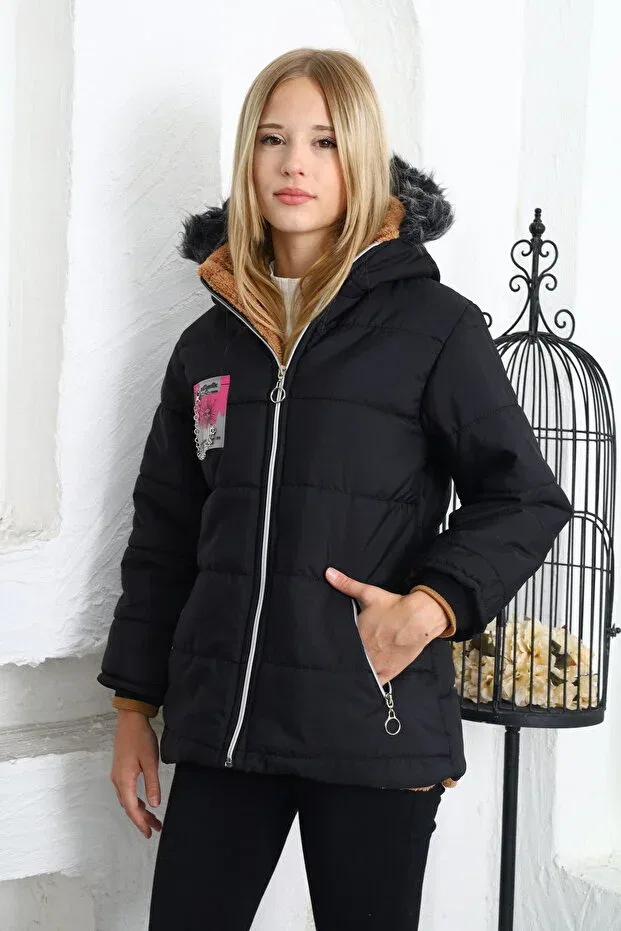 Детское зимнее пальто для девочек с капюшоном Asortix, Black