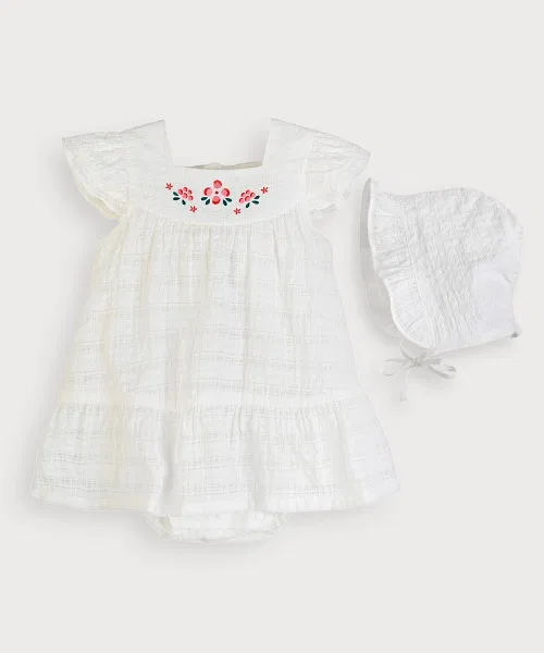 Детский комплект платья-боди с фриллами и шляпки, с вышивкой, модель Berry Frill, moimoln, White