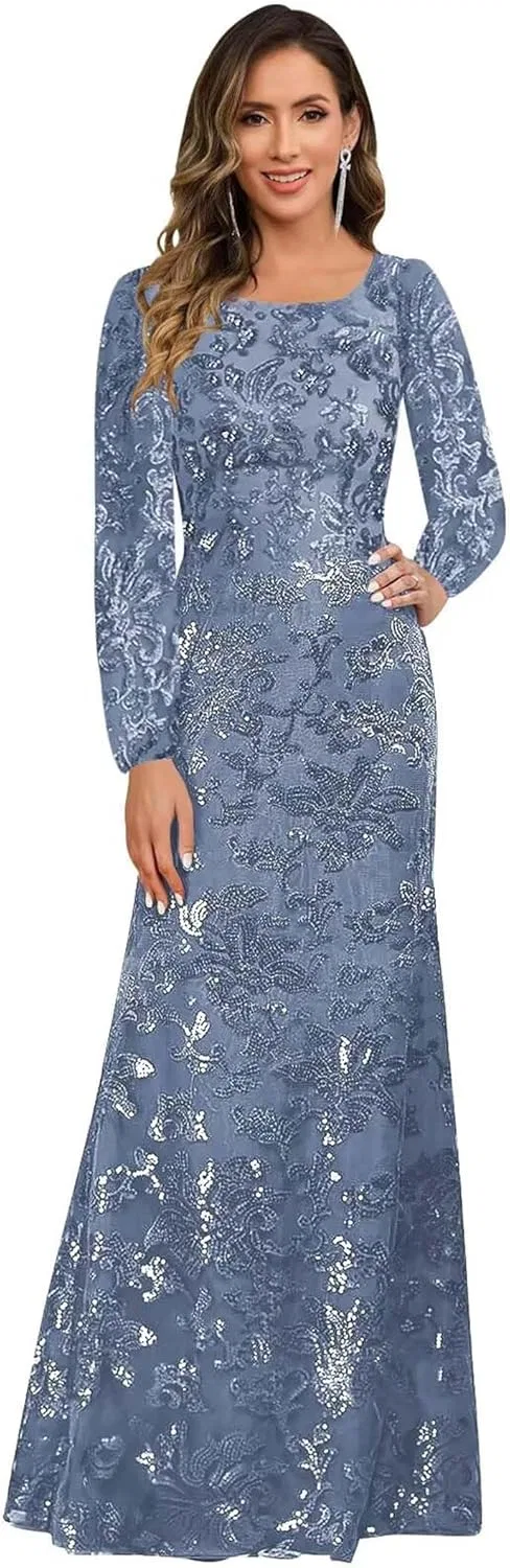 Женское вечернее платье макси с пайетками DRJ012, Dusty Blue
