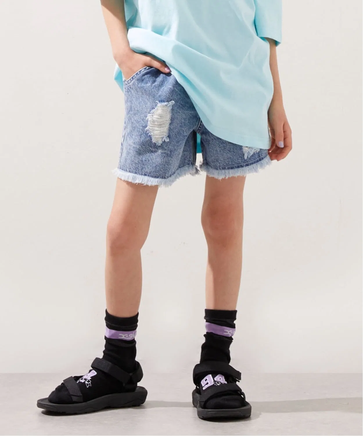Детские джинсовые шорты с принтом леопарда X-girl Stages, Light Blue