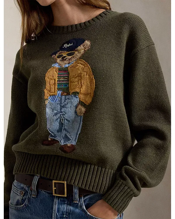 Женский свитер с круглым вырезом и принтом Polo Bear Ralph Lauren, Marled Olive — фото 4
