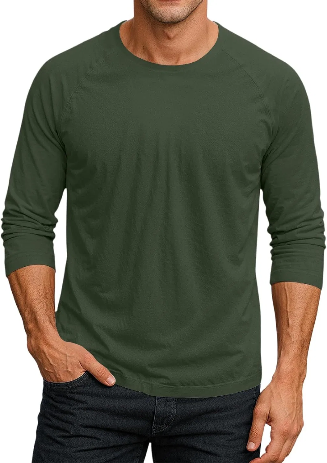 Мужская свободная футболка с длинным рукавом 3/4, Army Green