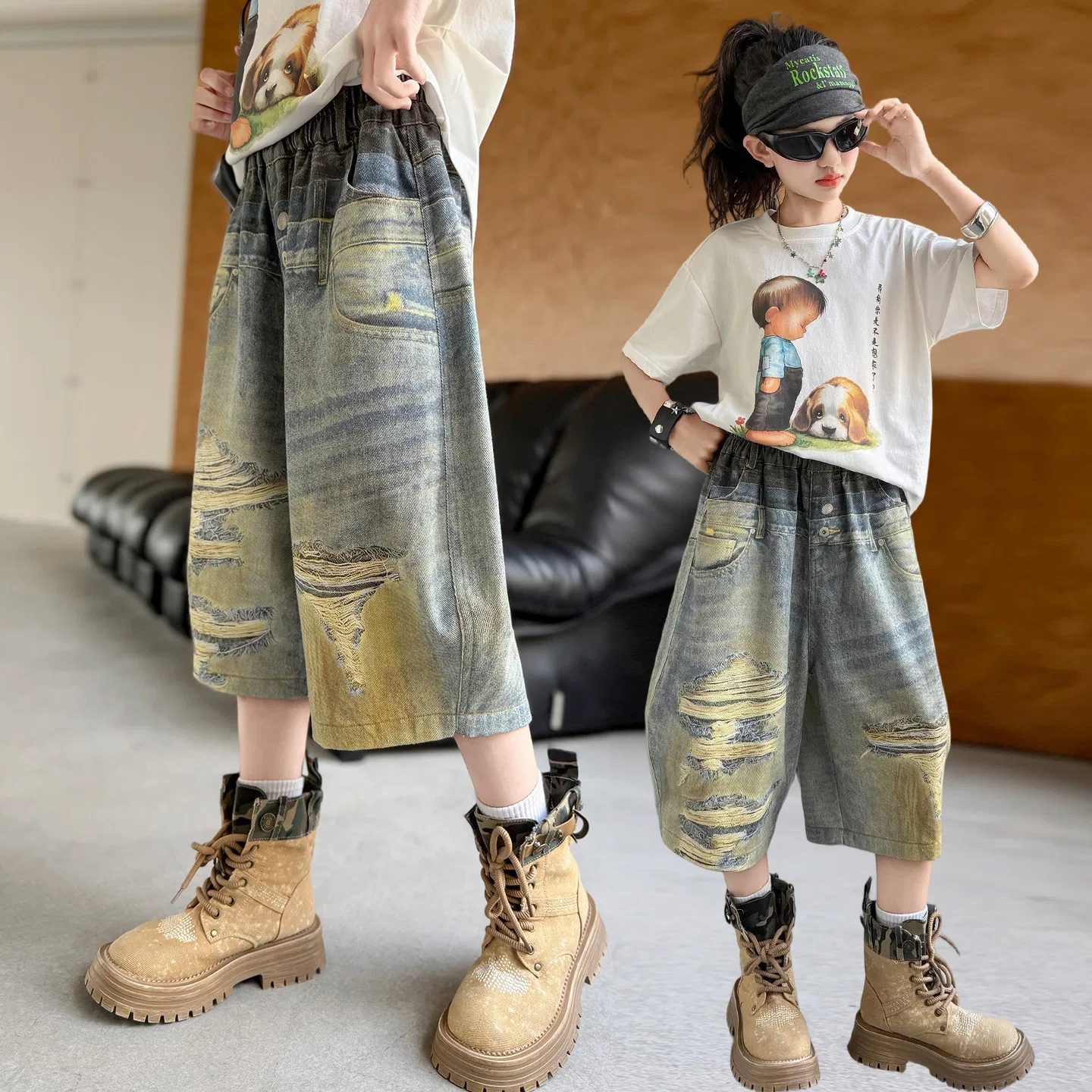 Детские джинсы капри с принтом Ripped Print Capri Pants TNTX — фото 3