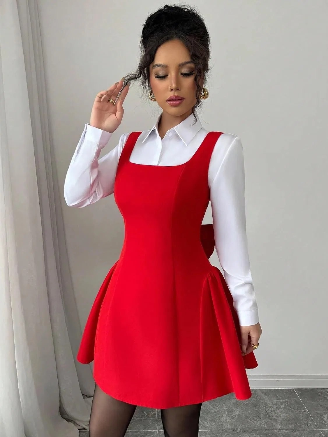 Женское повседневное платье с квадратным вырезом A-силуэта, Red — фото 2