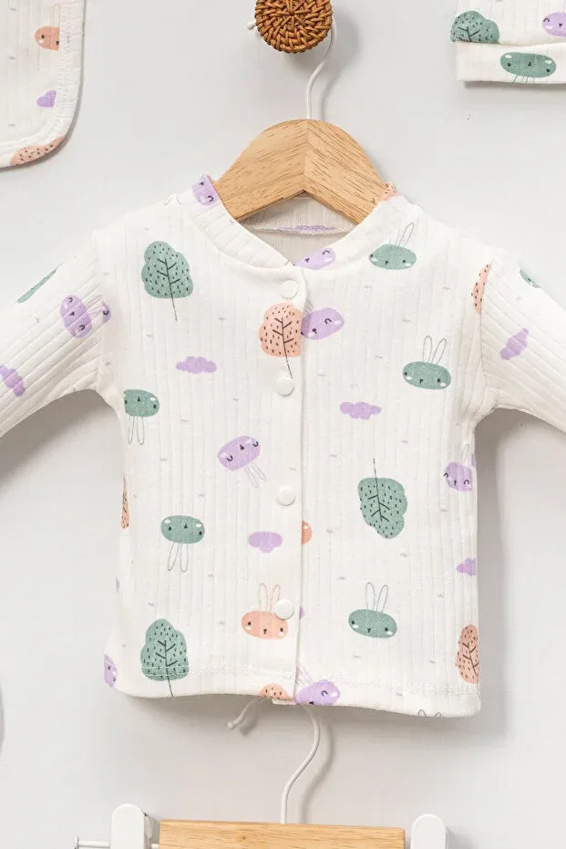 Детский комплект для новорожденных с принтом Hospital Outlet 100% Cotton Rabbit Leaf Printed Newborn 5 Piece Set Baby Outfit Neu Kids, Ecru — фото 2
