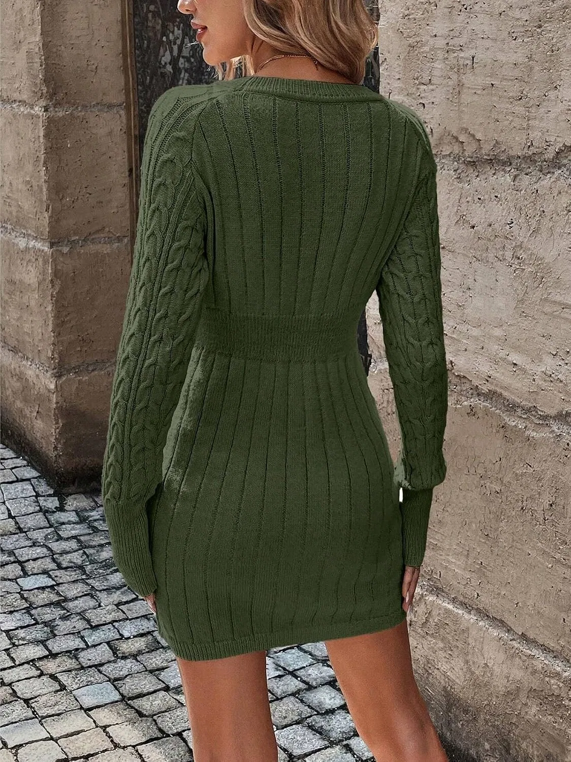 Женское платье-свитер с кабельным вязанием, Army Green — фото 2