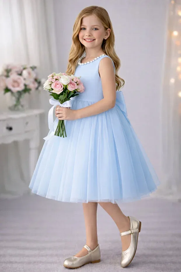 Детское платье для девочек сатиновое Violet model collar pearl girls dress satin top, fluffy dream tulle special occasion dress Suneh, Baby Blue — фото 2