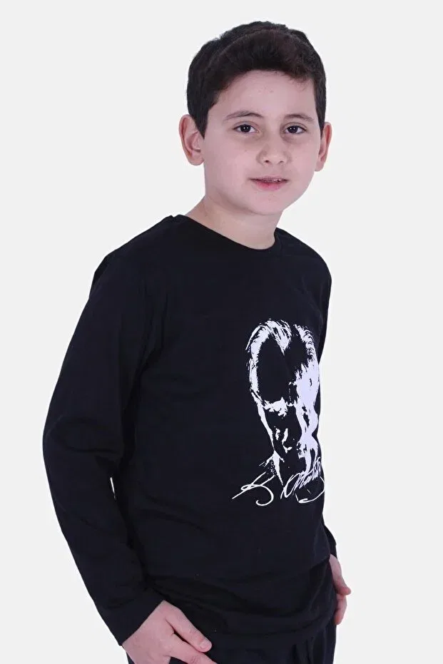 Детские свитшот для девочек с принтом Atatürk signature printed Fyk Kids, Black — фото 4
