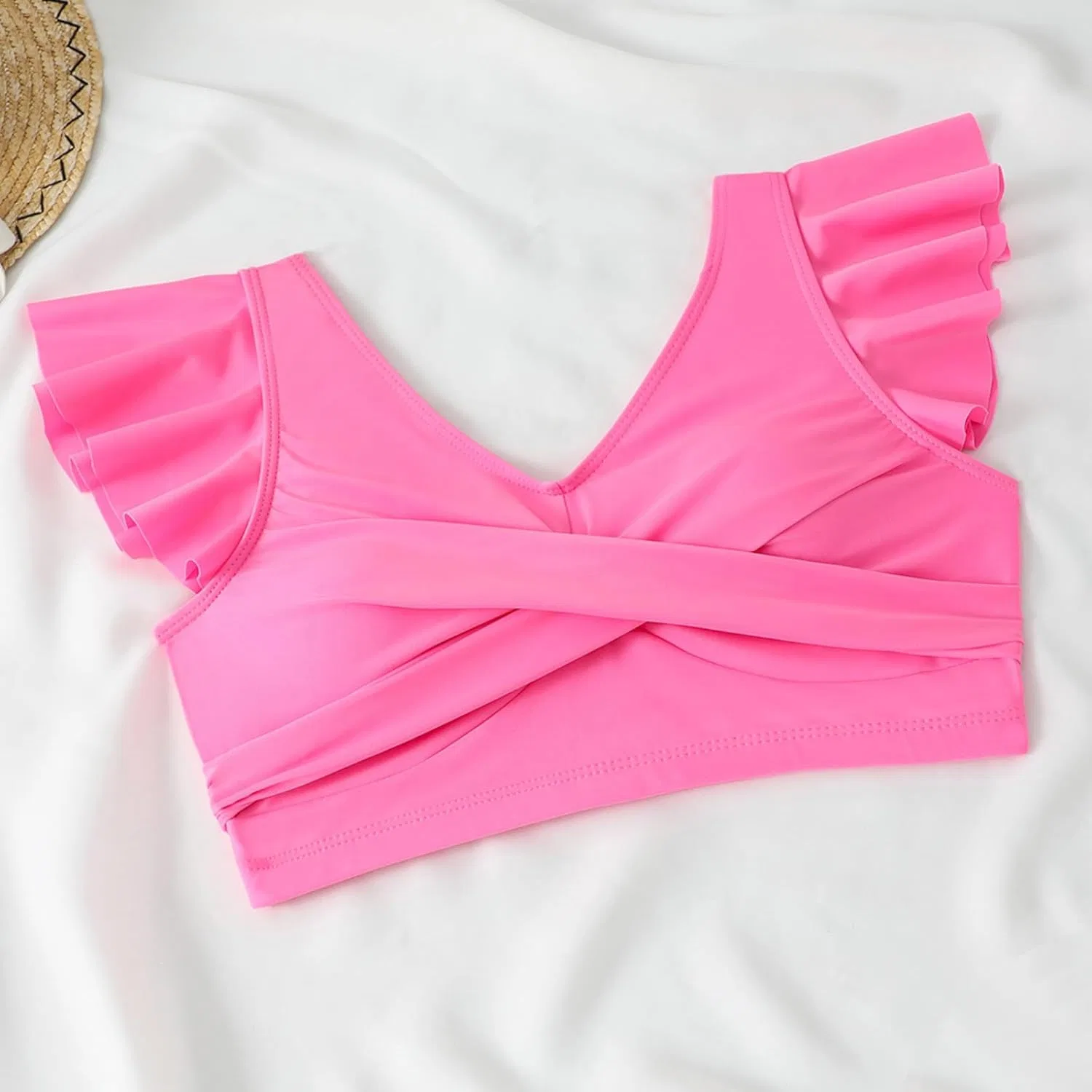 Женский бикини-комплект с завышенной талией и рюшами, Hot Pink — фото 3