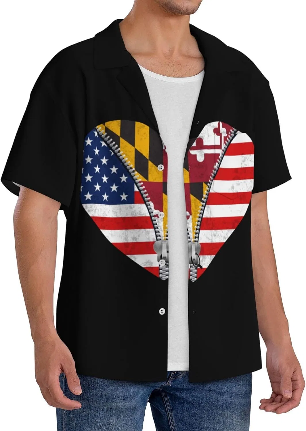 Мужская свободная рубашка с кубинским воротником Heart America Flag, Black — фото 2