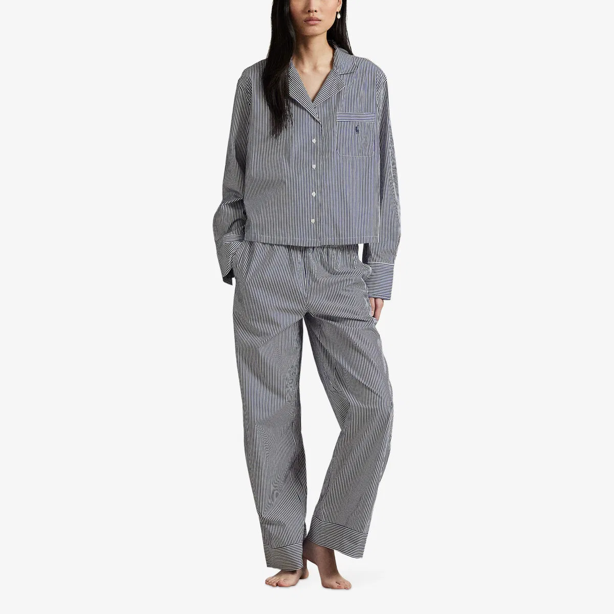 Пижамный комплект из хлопкового поплина в полоску с вышитым логотипом Polo Ralph Lauren, белый/синий — фото 2