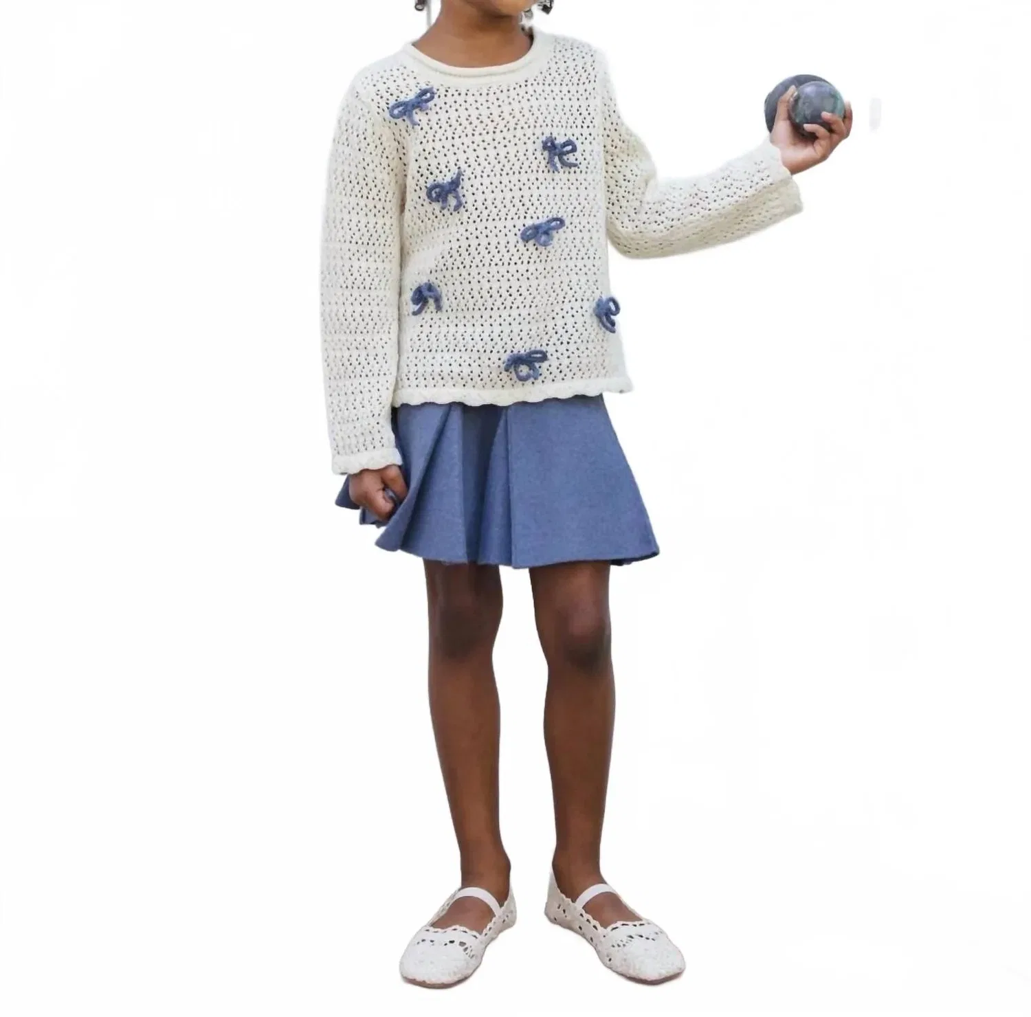 Детский пуловер с вышивкой бантов хлопковый Bow Crochet Knit Pullover Rylee + Cru, бежевый