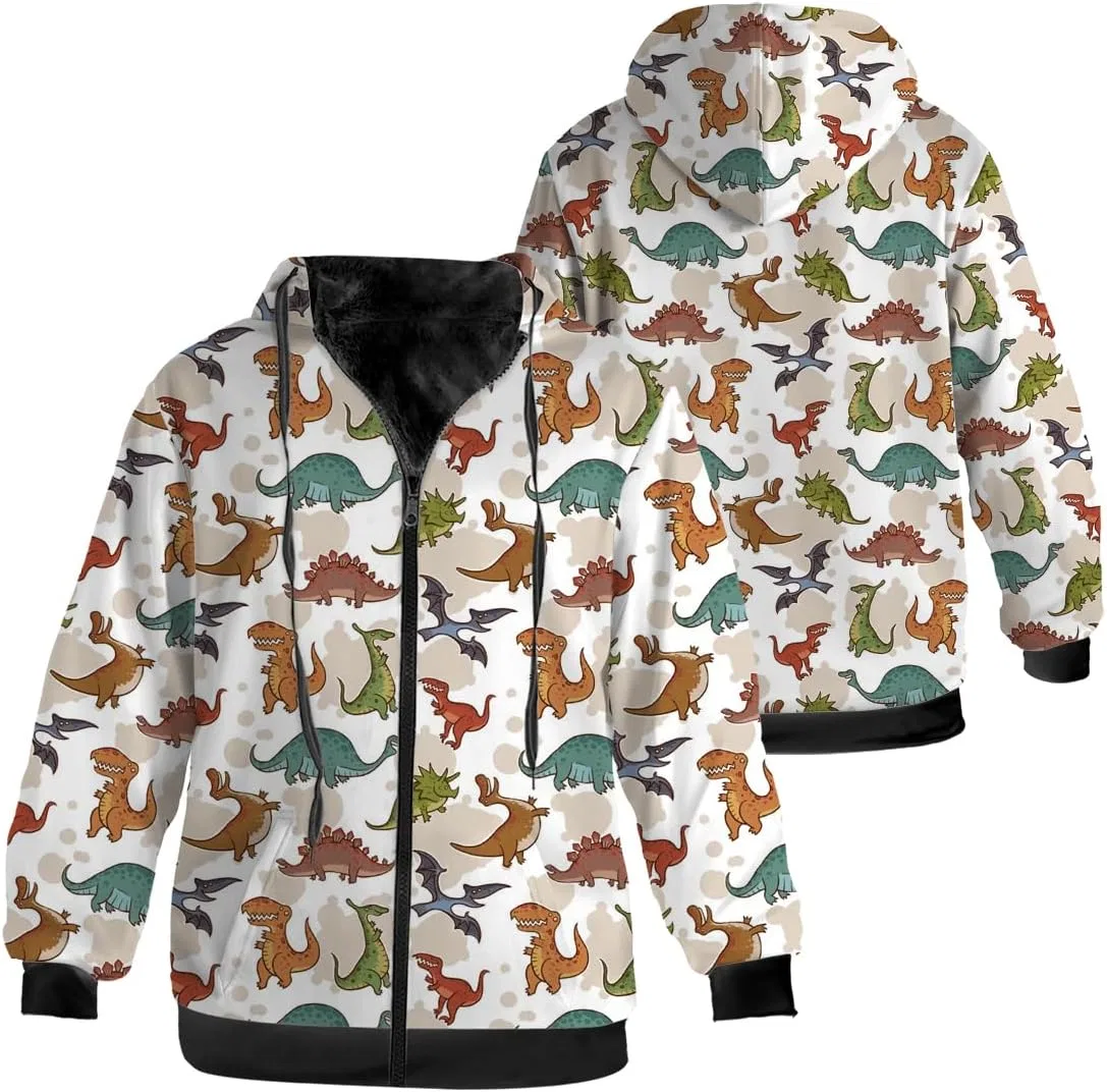 Мужская куртка-худи с принтом, Dinosaur Mens Womens Winter Jacket, Black Fleece Lined Zip-up Hoodie Warm Sweatshirt Coat, 3203 Dinosaurs Brown — фото 3