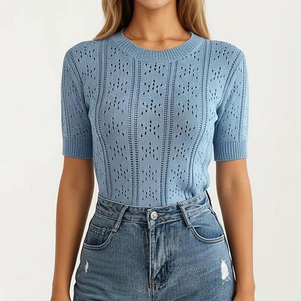 

Женский короткий рукав открытый вязка пуловер свитер топ с круглым вырезом и свободным кроем Anna-Kaci, Light Blue