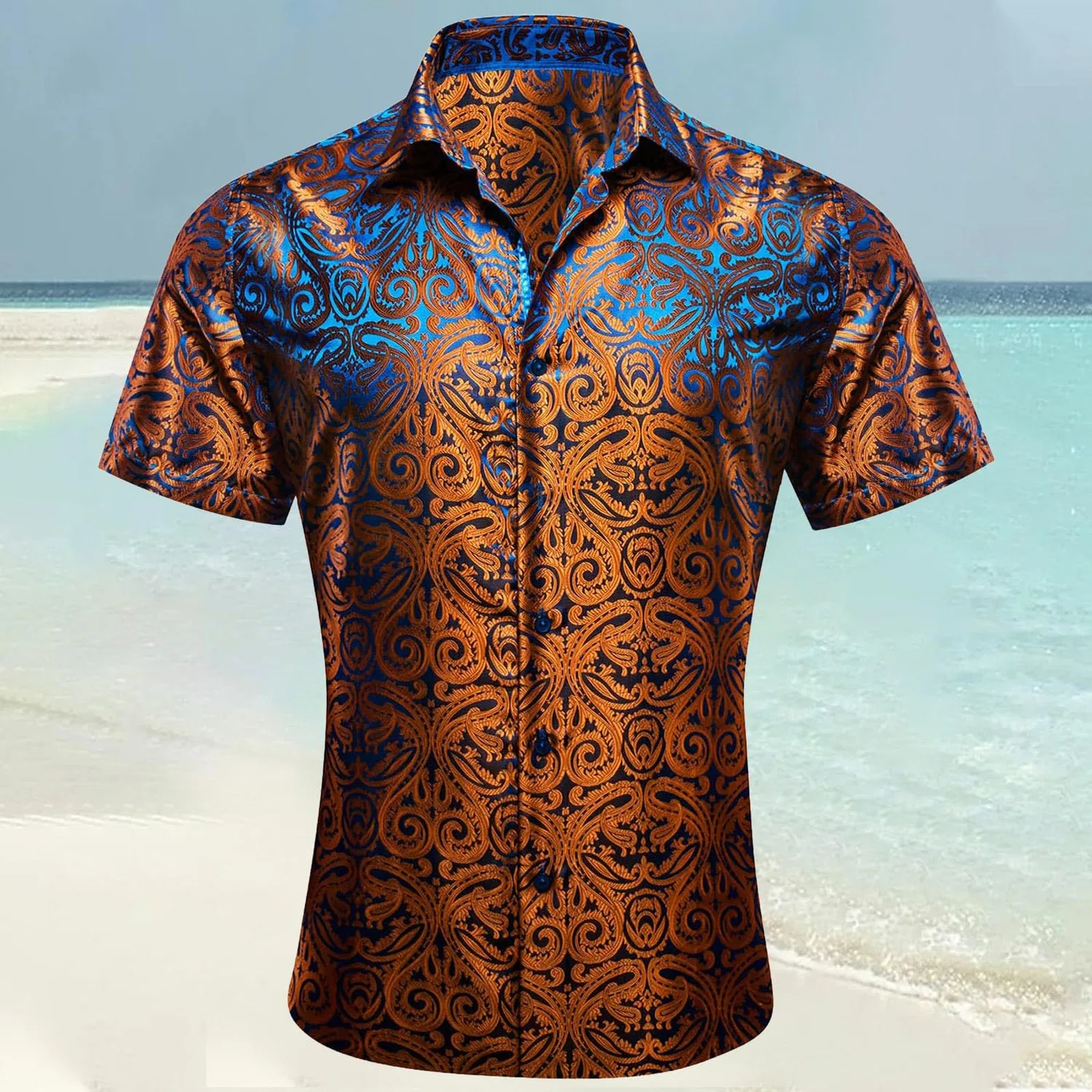 Мужская рубашка с коротким рукавом с принтом Paisley Shiny Satin Baroque Design, Colour: Orange — фото 2