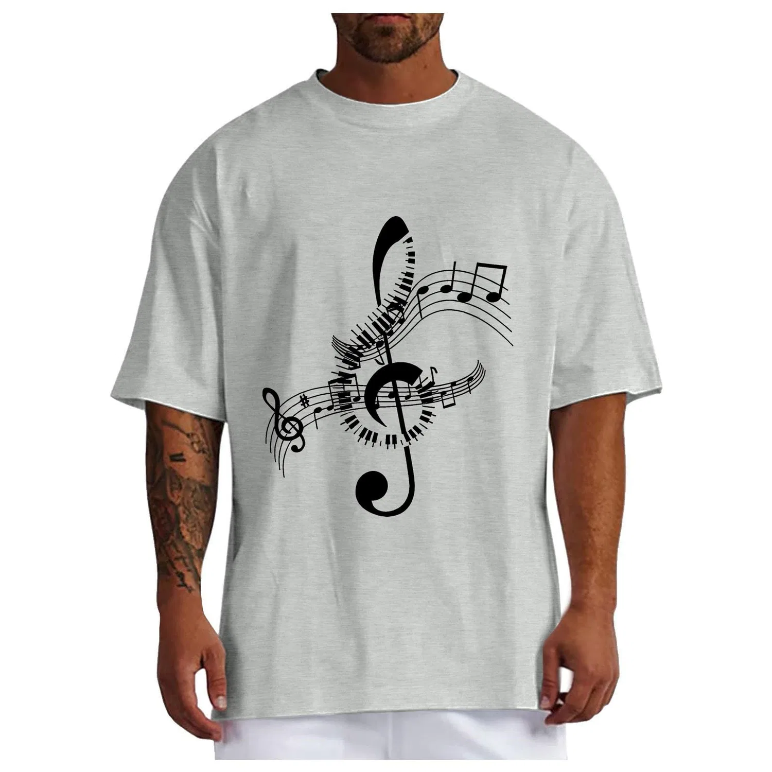 Мужская футболка с принтом Musical Instruments Print, хлопковая, Light Gray-b