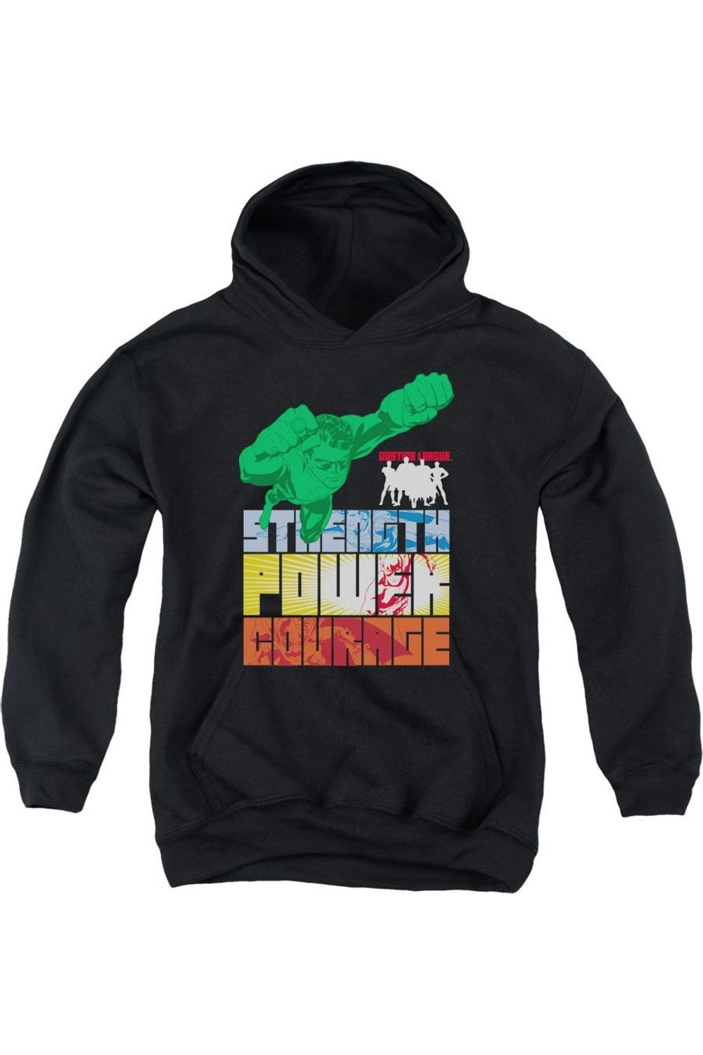 

Молодежная толстовка с капюшоном "Героические качества Лиги справедливости Америки" Gildan, черный