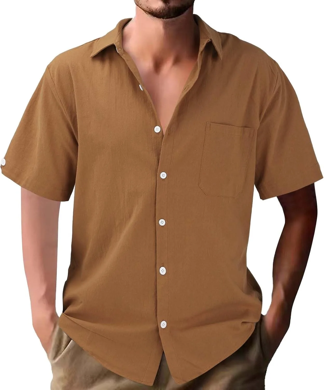 

Мужская хлопковая льняная рубашка с лацканами и коротким рукавом