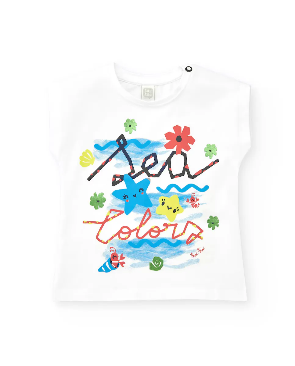 

Белая футболка для девочки с темно-синим принтом и фразой "Sea Colors" Tuc tuc, белый