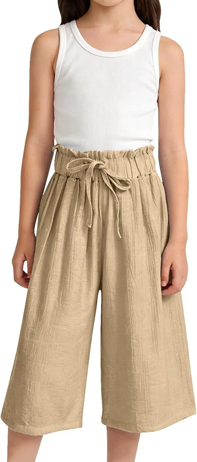 Детские шорты из хлопка и льна, широкие, с высокой талией, Khaki